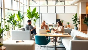 Agence de branding en pleine collaboration créative dans un environnement professionnel lumineux.