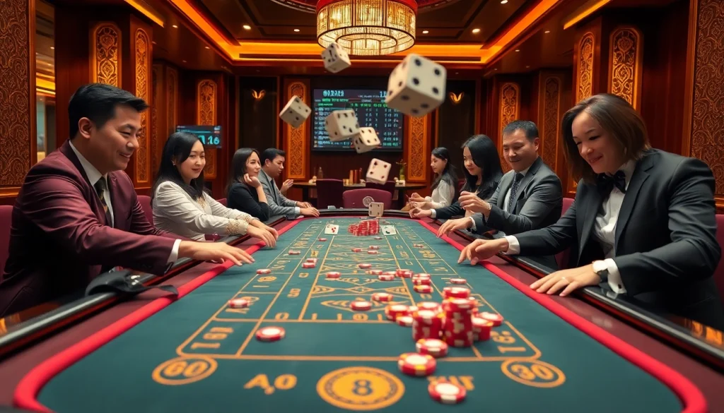 Tài xỉu MD5 action in a vibrant casino, players betting on dice rolls at an engaging gaming table.