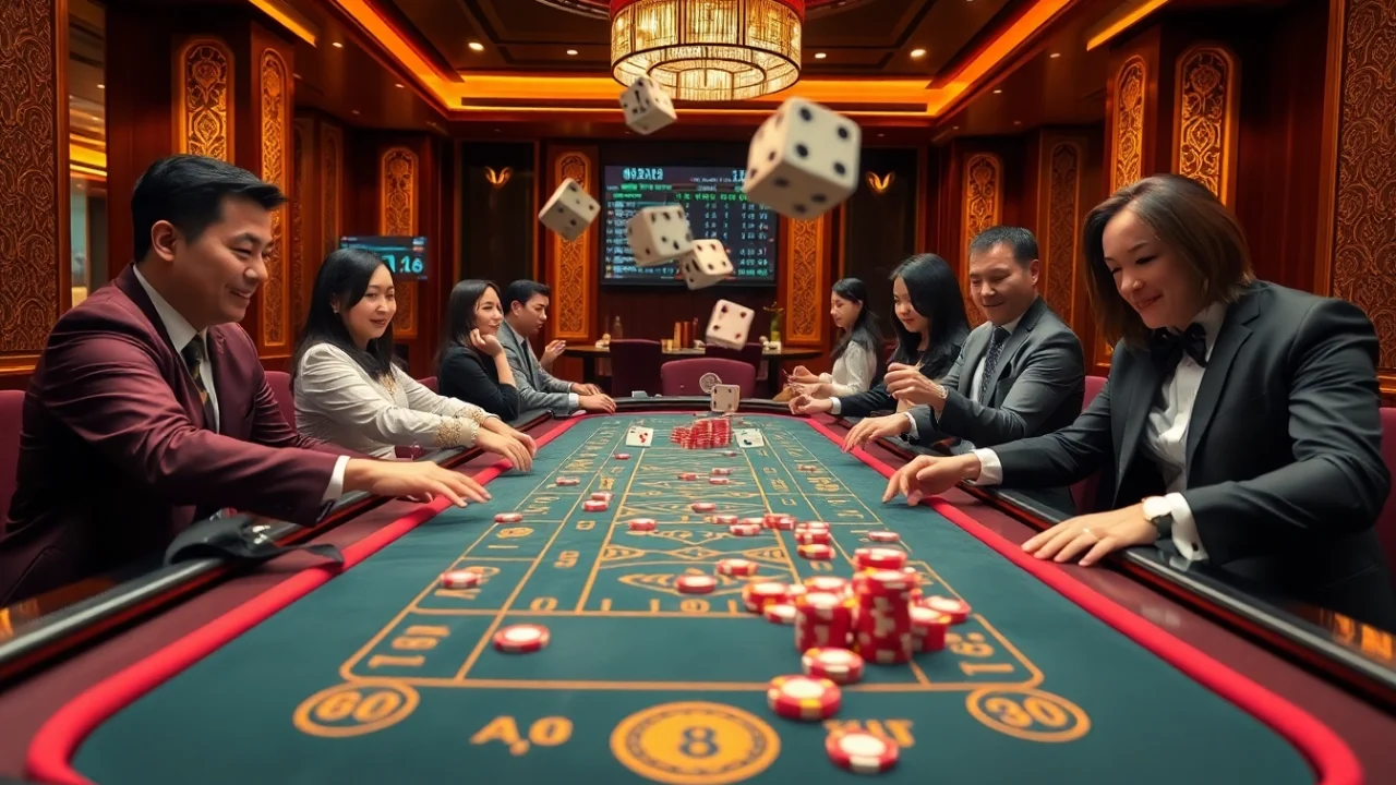 Tài xỉu MD5 action in a vibrant casino, players betting on dice rolls at an engaging gaming table.