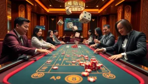 Tài xỉu MD5 action in a vibrant casino, players betting on dice rolls at an engaging gaming table.