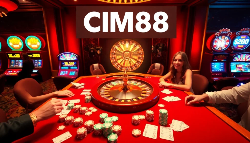 Exciting casino scene with CM88 branding and players enjoying a lively poker game.