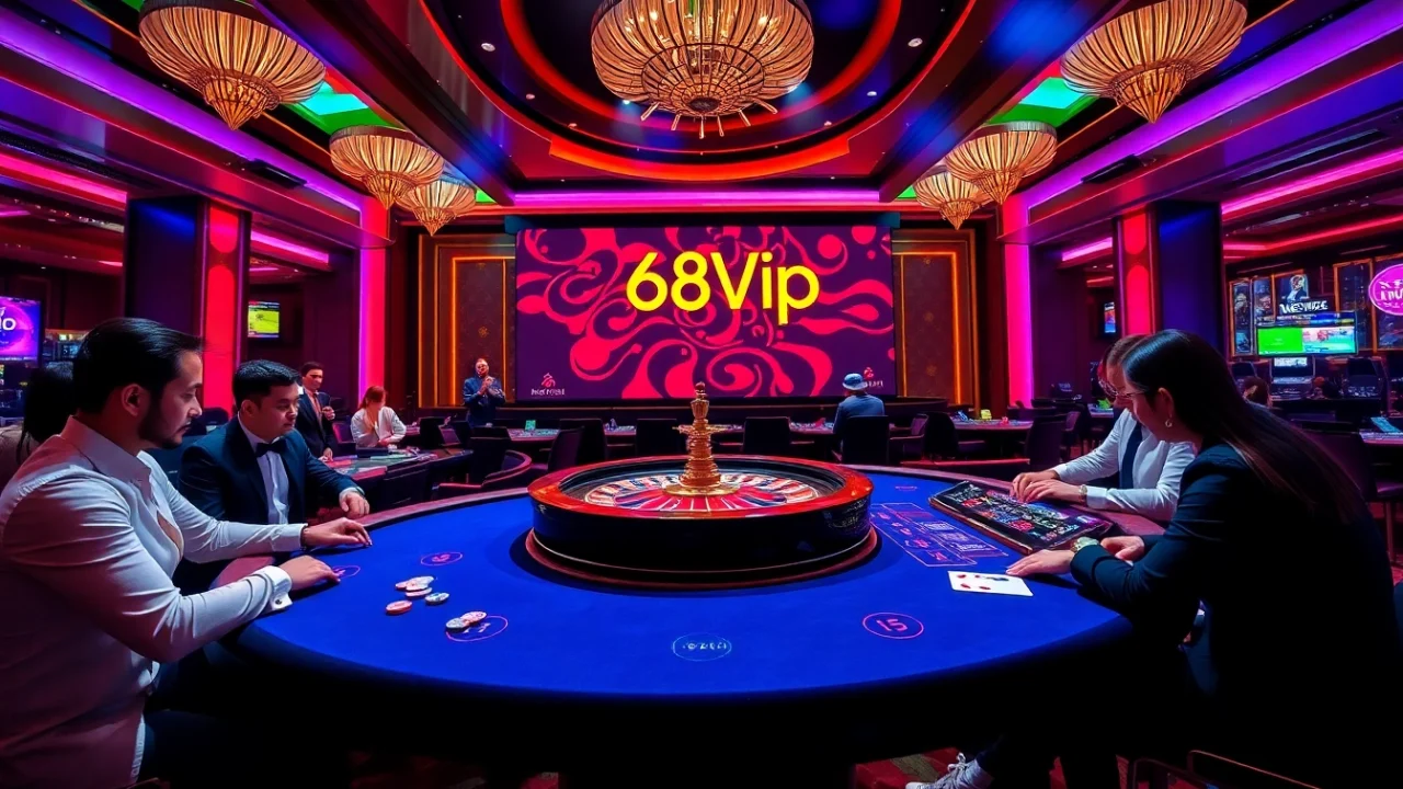 Experience the thrill of Đăng Nhập Nhà Cái 68VIP at a luxurious casino table with players and poker chips.