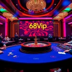 Experience the thrill of Đăng Nhập Nhà Cái 68VIP at a luxurious casino table with players and poker chips.