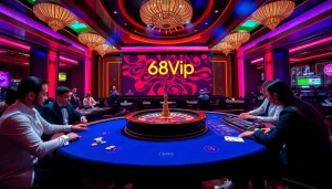 Experience the thrill of Đăng Nhập Nhà Cái 68VIP at a luxurious casino table with players and poker chips.