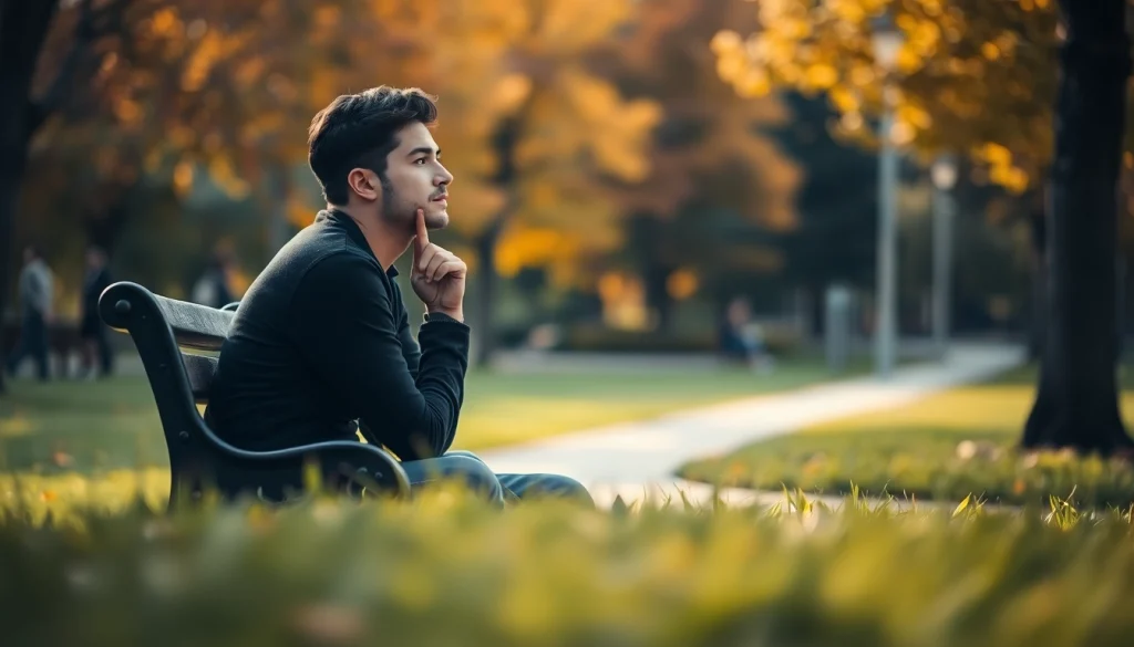 Individual reflecting on depression symptoms in a serene park setting.