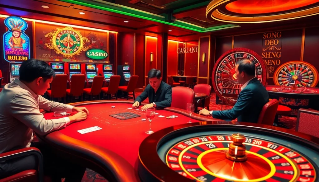 Experience the thrill of winning at Trang Chủ SC88 with a vibrant casino scene showcasing poker games and slot machines.