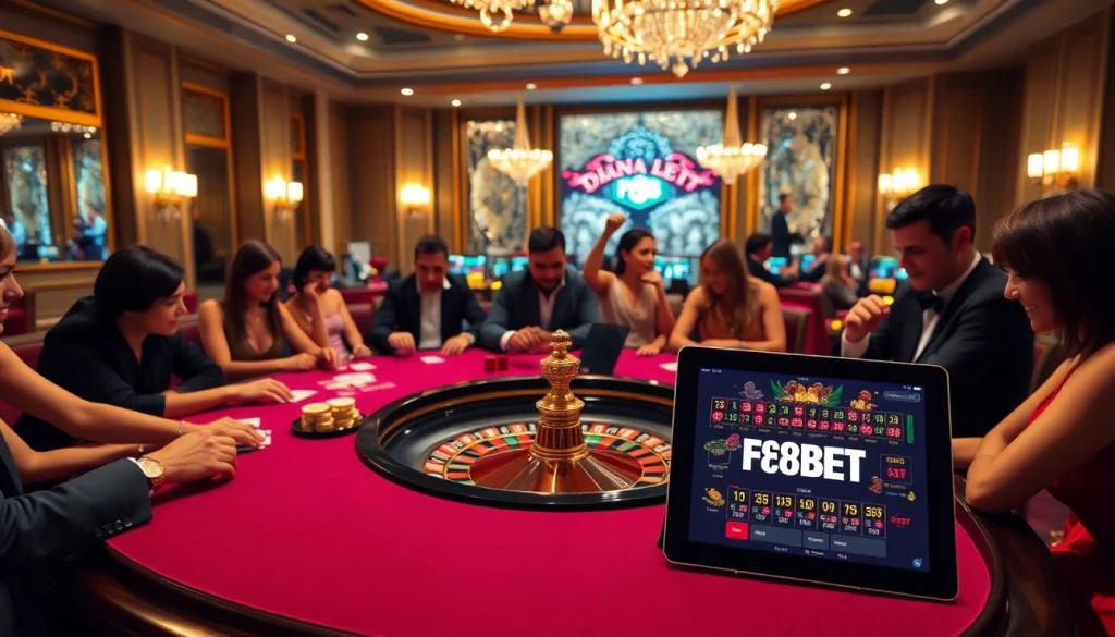 Gambling action at F8BET with players enjoying poker and roulette in a luxurious casino setting.