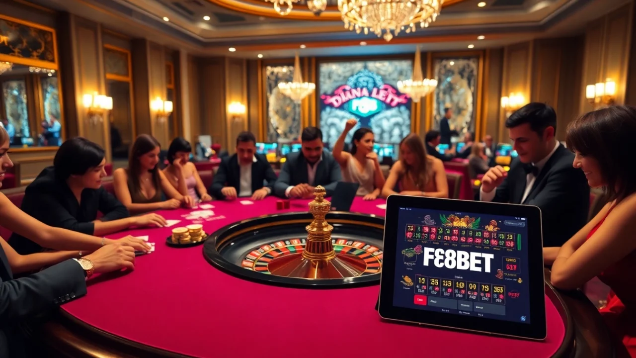 Gambling action at F8BET with players enjoying poker and roulette in a luxurious casino setting.