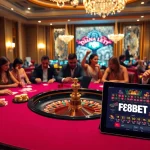 Gambling action at F8BET with players enjoying poker and roulette in a luxurious casino setting.