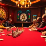 Luckywin casino scene featuring intense poker game and vibrant roulette wheel, showcasing excitement and luxury.