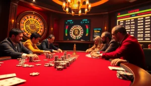 Luckywin casino scene featuring intense poker game and vibrant roulette wheel, showcasing excitement and luxury.