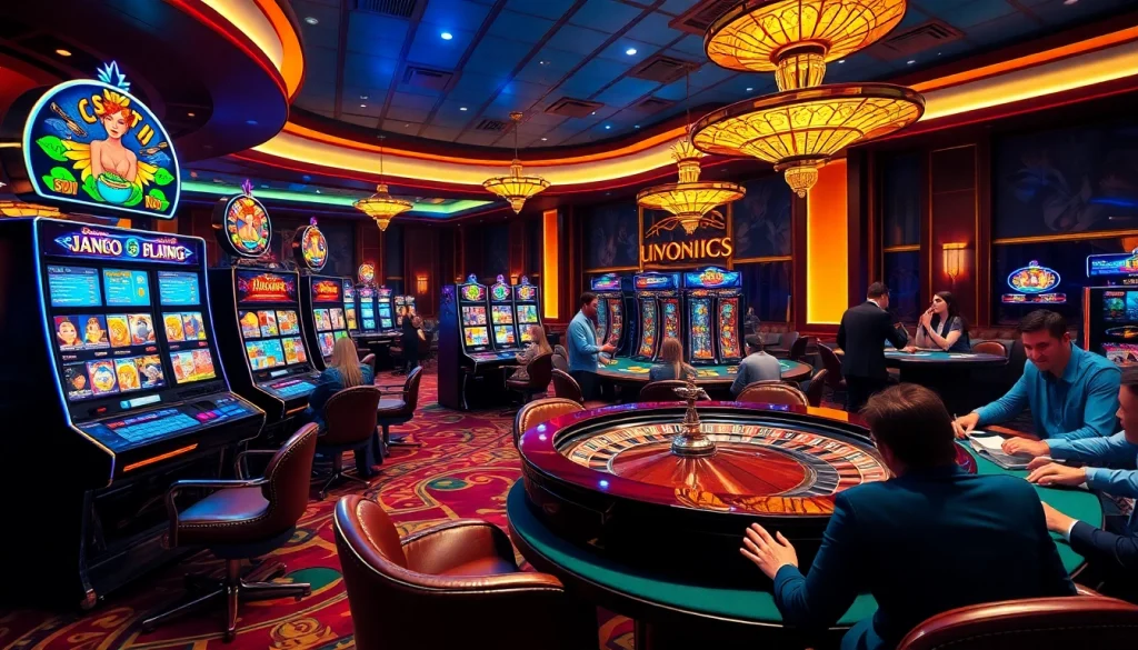 Experience the thrill of MMOO gaming at a luxurious casino with vibrant slot machines and engaged players.