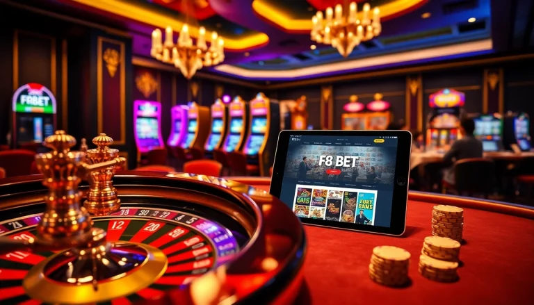 The lively casino atmosphere at https://f8betb1.com/, featuring players enjoying poker and roulette in a luxurious setting.