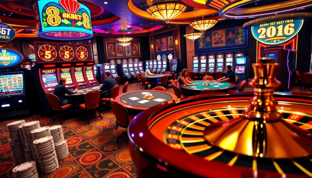 8kbet casino environment with players at poker tables and vibrant slot machines.