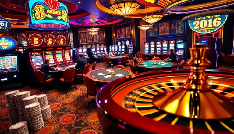 8kbet casino environment with players at poker tables and vibrant slot machines.