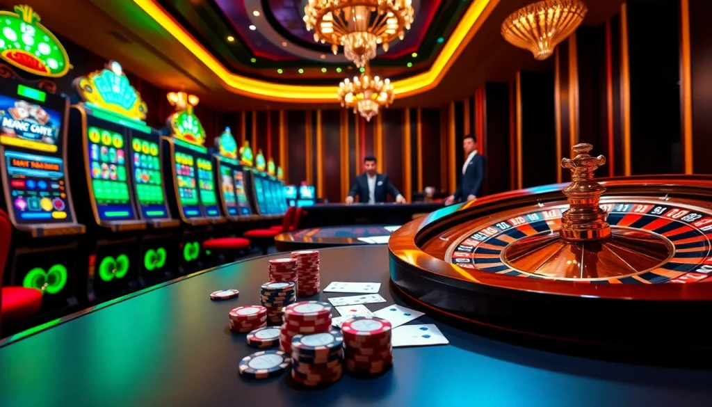 A lively casino display showcasing slot machines and a roulette wheel at 78win.dental, inviting gamblers to experience immersive entertainment.