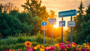 Jalons illustrant des étapes de vie importantes avec des panneaux colorés dans un paysage serein.