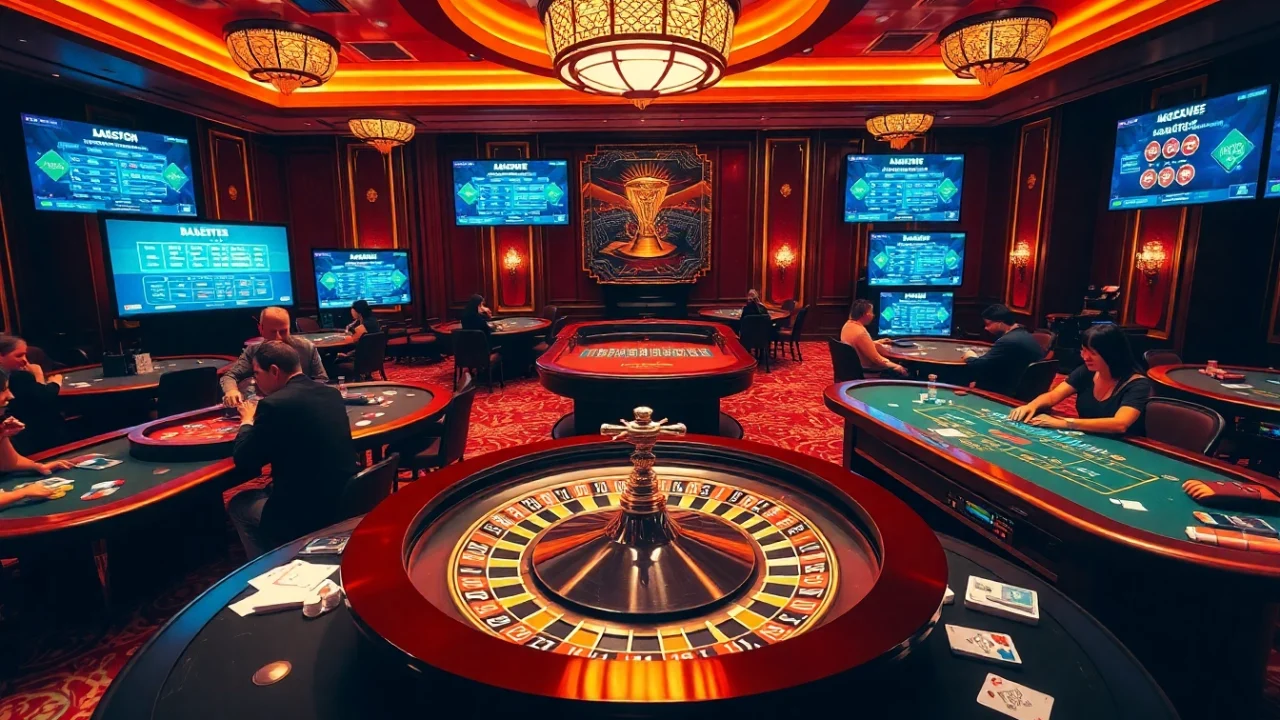 A dynamic scene of a casino with players at tables, illustrating the essence of 包网 and thrilling gambling experiences.