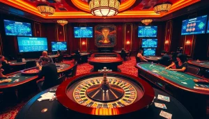 A dynamic scene of a casino with players at tables, illustrating the essence of 包网 and thrilling gambling experiences.