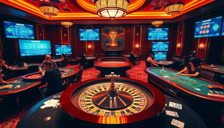 A dynamic scene of a casino with players at tables, illustrating the essence of 包网 and thrilling gambling experiences.