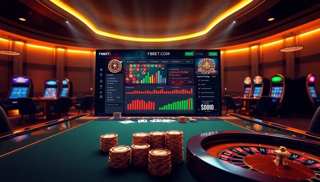 Experience the excitement of F8BET.COM with vibrant online casino visuals featuring tables and chips.