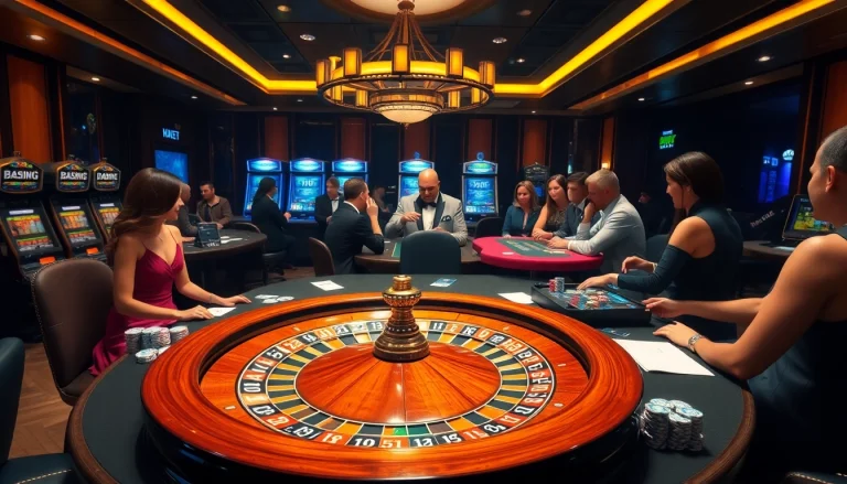 Play thrilling games at 28bet with poker chips and roulette wheels illuminating the casino.
