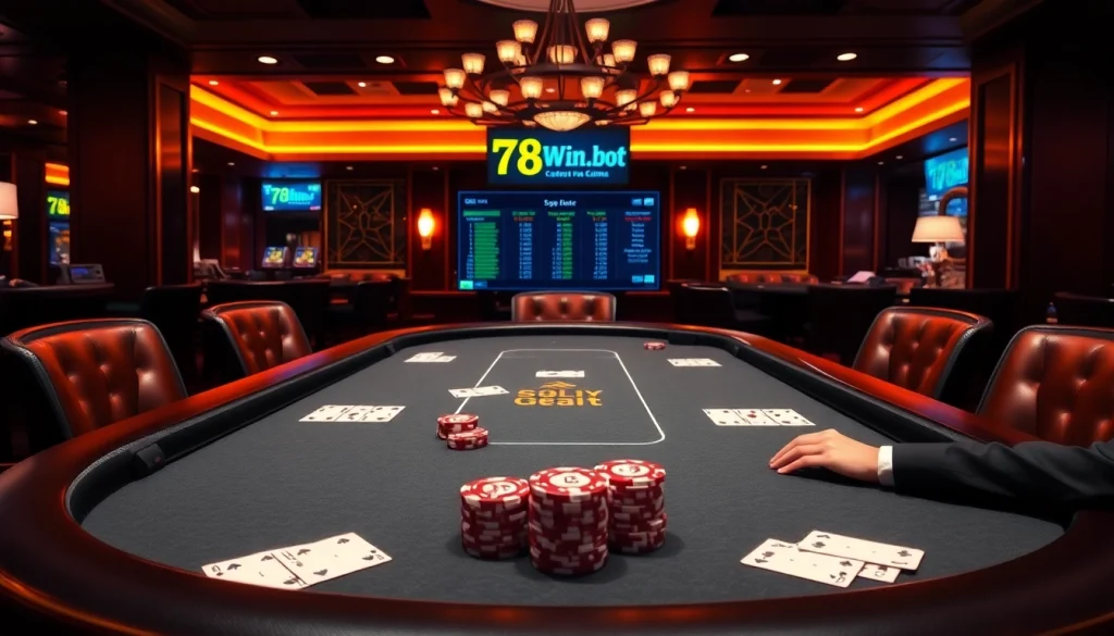 Experience the thrill of poker at 78win.bot with vibrant casino visuals showcasing high-stakes excitement.