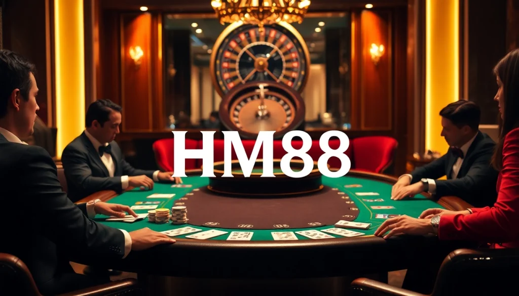 Professional players enjoying a game at the HM88 casino with elegant decor and poker chips.