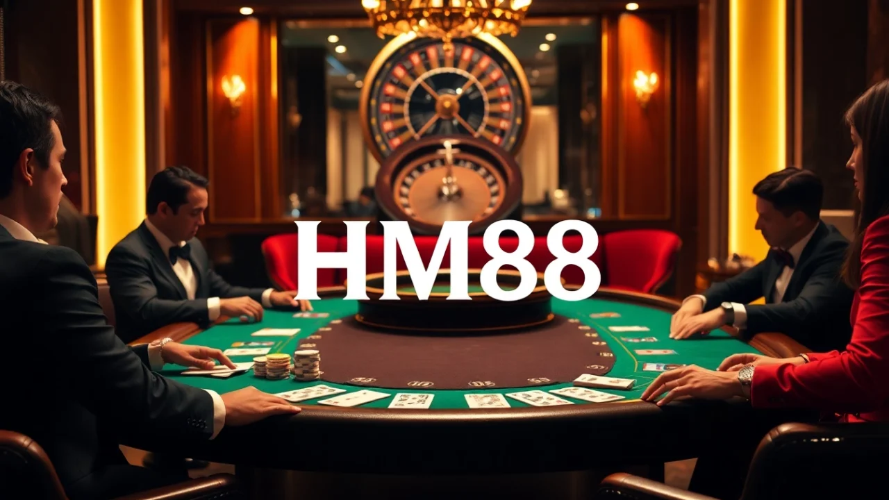 Professional players enjoying a game at the HM88 casino with elegant decor and poker chips.